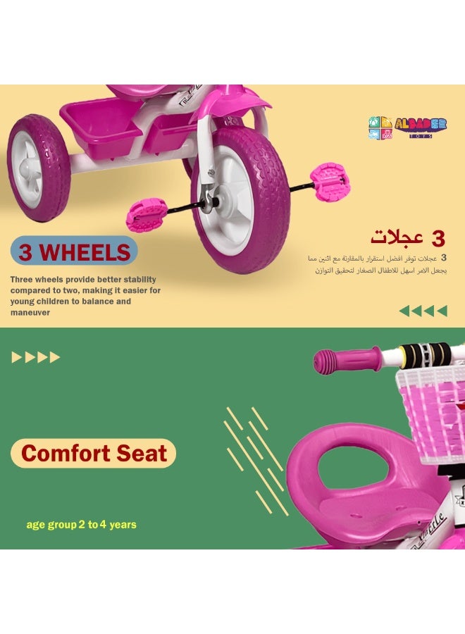 البدر دراجة ثلاثية العجلات للأطفال من البدر، دراجة ثلاثية العجلات مع سلة مزدوجة، دراجة توازن للأطفال بعمر 2-4 سنوات، لون زهري - Image 5